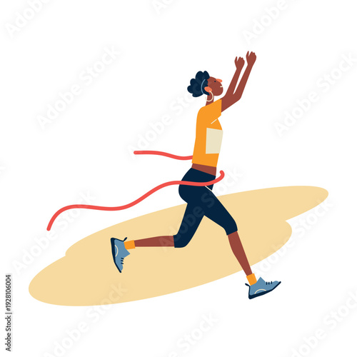 Flat vector illustration of a young woman jumping in celebration after crossing the finish line. Concept of success, achievement, happiness and empowerment. 