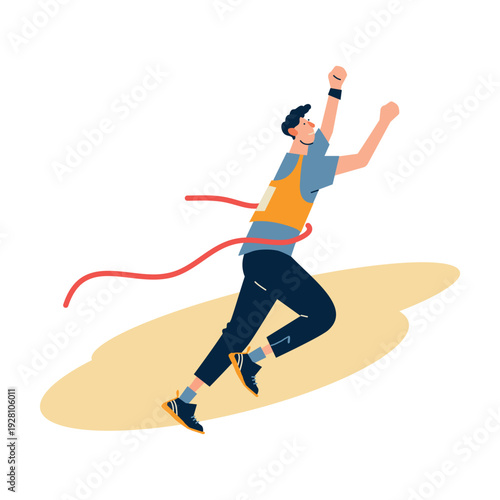 Flat vector illustration of a young man jumping in celebration after crossing the finish line. Concept of success, achievement, motivation and winning. 