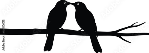 A pair of birds perched harmoniously on a simple tree branch silhouette, facing each other, a clean white background