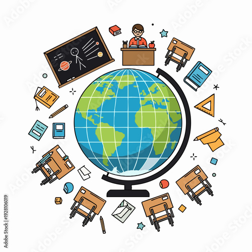 Globe surrounded by school supplies teaching geography and education in cartoon style illustration learning and knowledge for kids