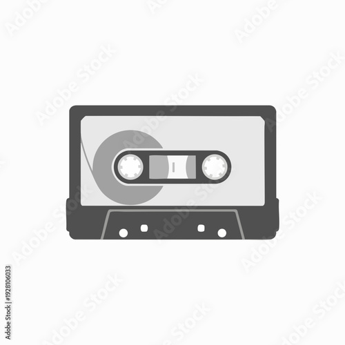 Gray cassette tape illustration for audio listening; retro musical format analog sound storage vintage design element media concept