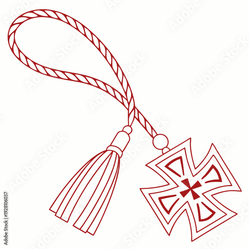 Decorative red tassel and ornate cross pendant on braided cord sophisticated accessory illustration for symbol religious or jewelry design projects