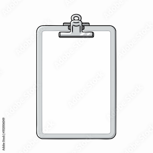 Gray clipboard vector illustration with metal clip for holding papers; blank template design for notes checklist or documents