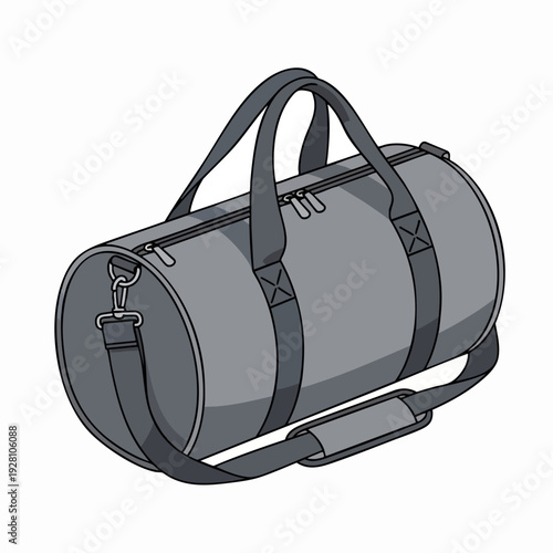 Gray cylindrical duffel bag with black straps zippers and hardware vector illustration for travel sports and gym use isolated on white background