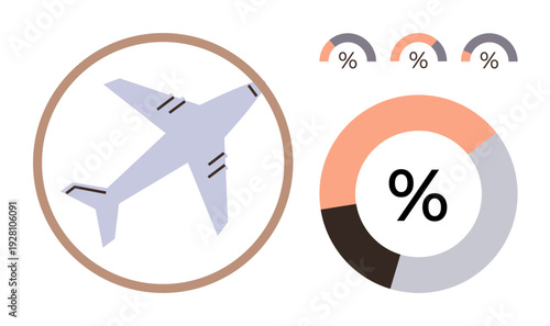 Travel analytics, aviation statistics, transportation planning, business reporting, infographic design, performance trends. Airplane with circular charts and percentage symbols. Travel analytics