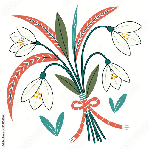 Snowdrops bouquet tied with red ribbon as martisor symbol for spring celebration and traditional holiday isolated illustration on white background