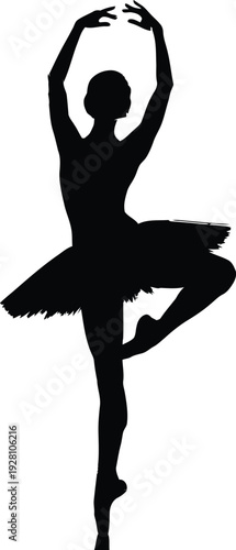 An elegant dancer in a graceful ballet pose silhouette, capturing fluid movement, a clean white background