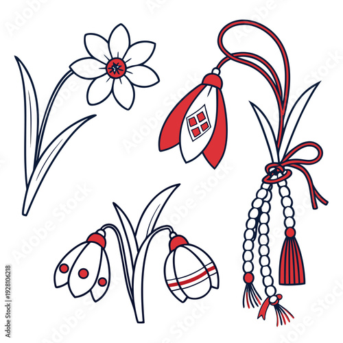 Traditional spring symbols set with martisor amulets and snowdrop flowers for march celebration isolated on white background vector illustration art
