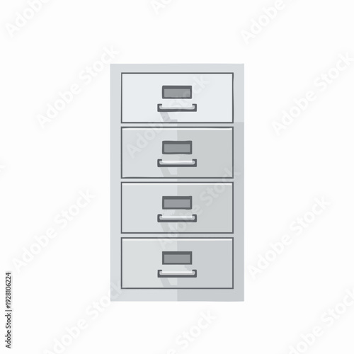 Gray filing cabinet vector illustration; office furniture asset for data storage and document organization in modern graphic style