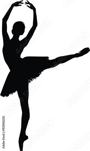 An elegant dancer in a graceful ballet pose silhouette, capturing fluid movement, a clean white background
