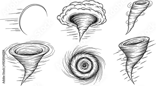Tornado hurricane and cyclone sketch set for natural disaster weather phenomenon and wind swirl collection