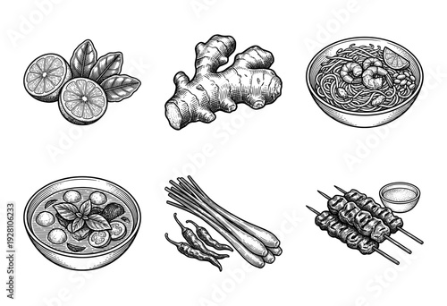 Collection of Thai food illustrations featuring pad thai, green curry, satay skewers, ginger, lemongrass, and lime in a vintage hand-drawn woodcut style.