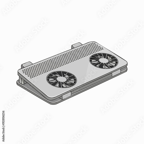 Gray laptop cooling pad with two cooling fans and perforated surface for thermal regulation; isometric product illustration style