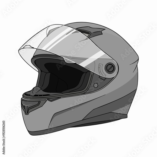 Gray full face motorcycle helmet illustration; modern vector design for safety gear transportation and protective headwear in sports