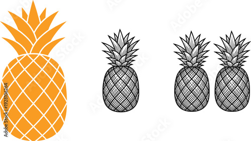 Pineapple fruit illustration set with colorful and engraved vintage style tropical food icons