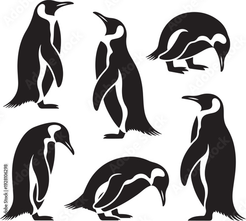 Penguin Set Black Silhouette Vector Collection,Antarctic Penguin Birds Illustration Pack