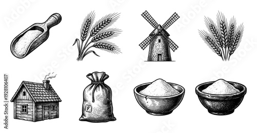Vintage engraving style collection of wheat farming and flour production elements including windmill, grain stalks, and rustic cottage.