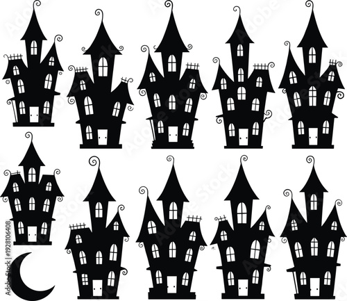 Spooky Halloween Haunted House Silhouettes Collection Set with Creepy Victorian Mansions Gothic Architecture and Crescent Moon Elements for Horror Party Graphic Design Projects