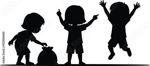 Silhouettes of Three Happy Children Playing with a Money Bag Representing Financial Literacy Education Savings Success and Future Wealth Planning for Young Families and Kids