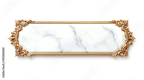 Blank antique marble name plaque with intricate metal gold filigree scrollwork frame, isolated on white background