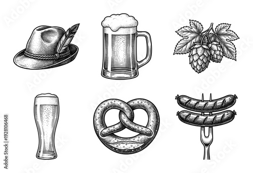 Set of hand drawn vintage engraving illustrations featuring traditional Bavarian Oktoberfest elements including beer mugs, pretzels, sausages, and alpine hat.