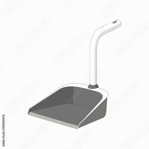 Gray plastic dustpan with ergonomic handle; a clean cartoon-style tool for household cleanup and tidiness against a white backdrop