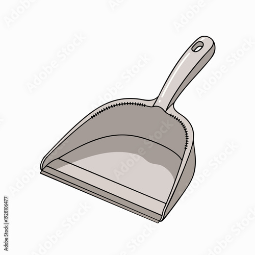 Gray plastic dustpan illustration for cleaning; housekeeping tool with handle isolated on white background for domestic hygiene and waste removal