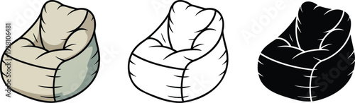 Bean bag chair silhouette & Outline and illustration set isolated on transparent background