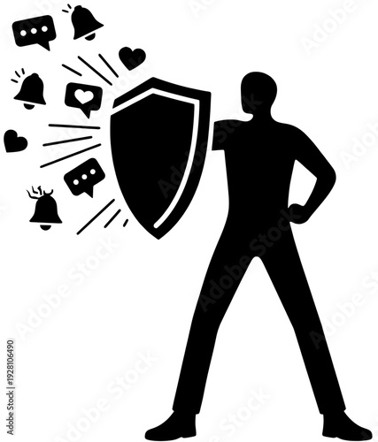 Person Holding Shield Blocking Digital Notifications and Social Media Alerts, Digital Detox Boundary Protection Concept, Black Vector Silhouette
