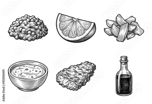 Vintage woodcut style collection of fried fish and chips dinner components featuring lemon wedge vinegar and tartar sauce