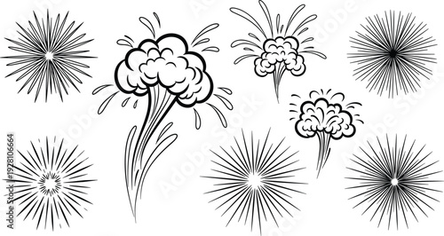 Set of isolated black color line art illustrations of stylized explosions and sunbursts on transparent background