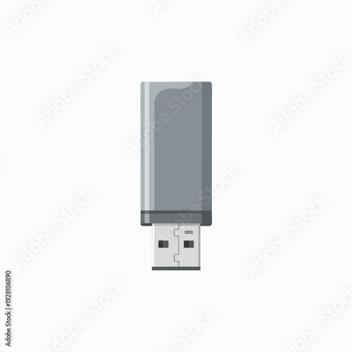 Gray USB flash drive vector illustration; portable memory stick graphic for data storage; simple computer accessory for file transfer