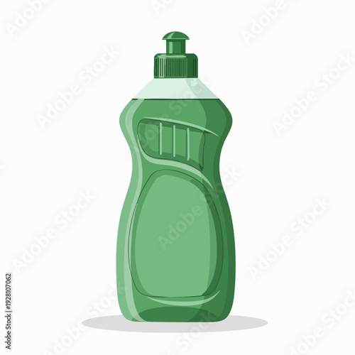 Green dish soap bottle illustration; eco-friendly cleaning product graphic; commercial stock design asset; kitchen hygiene; vector art
