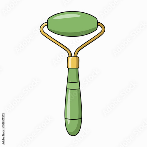 Green jade roller illustration with golden accents beauty and skincare tool for facial massage isolated design element for spa and wellness themes