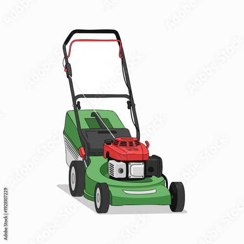 Green lawn mower illustration clean vector style garden equipment for backyard grass cutting and landscaping work isolated on white