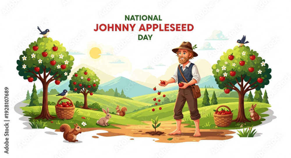 Fototapeta premium National Johnny Appleseed Day Vector Illustration with Apple Trees, Planting, Wildlife, and Historical Scene