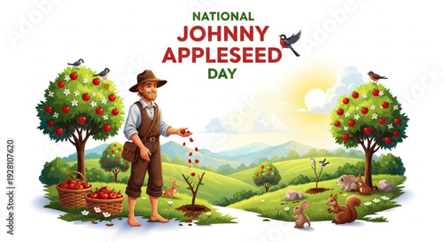 National Johnny Appleseed Day Vector Illustration with Apple Trees, Planting, Wildlife, and Historical Scene