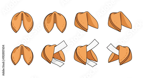 Flat vector illustration set of Chinese fortune cookies in various angles with blank white paper strips, concept for restaurant branding, lunar new year and motivational message marketing