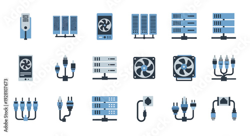 flat vector icons set of data center equipment including server racks cooling fans and network cables on white background, concept for cloud computing, hosting and database infrastructure