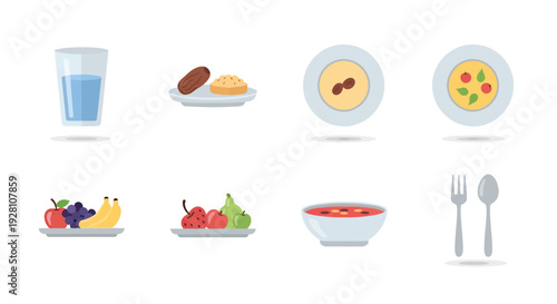 Collection of various flat food and drink icons featuring water fruit soup and fresh coffee on white background, concept for healthy diet planning, nutritional education and menu design