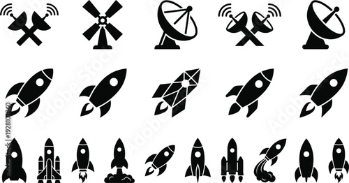 Space rocket and satellite silhouette icons collection with spacecraft launch and communication technology