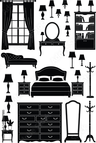 Vintage Bedroom Furniture Silhouette Collection Featuring Classic Bed, Elegant Dresser, Vanity Mirror, Lamps, Curtains, Bookshelf, and Interior Design Decorative Elements for Home Decor Graphics