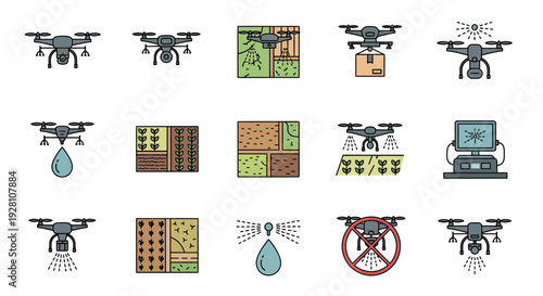 Set of modern agricultural drone icons for smart farming and precision agriculture on white background, concept for agritech innovation, automation management and industrial technology