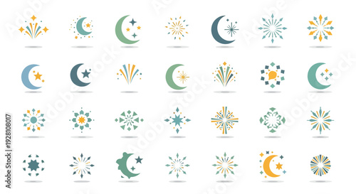 Flat minimalist collection of islamic ornaments featuring crescent moons stars and festive fireworks icons, concept for ramadan greetings, eid decorations and religious branding