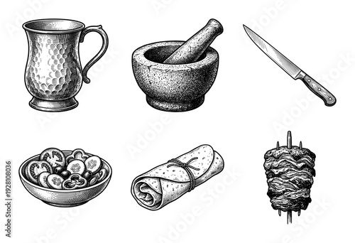 Vintage woodcut style collection of middle eastern cuisine elements including shawarma kebab wrap salad and traditional kitchen tools