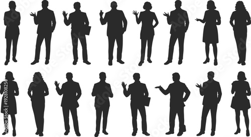 Business professional silhouettes collection, corporate people vector, office posture illustration, workplace diversity design, leadership gesture art, formal attire activity