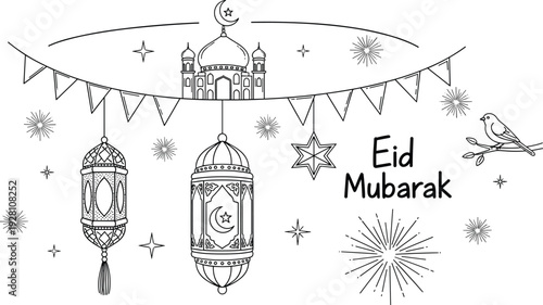 Eid mubarak greeting card line art illustration with lanterns mosque stars bird and festive bunting flags