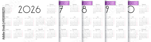 2026, 2027, 2028, 2029, 2030 calendars. Calender templates. Week starts Monday. Planner layout with 12 months. Horizontal planer grid for year. Yearly diary in English, A4. Vector illustration