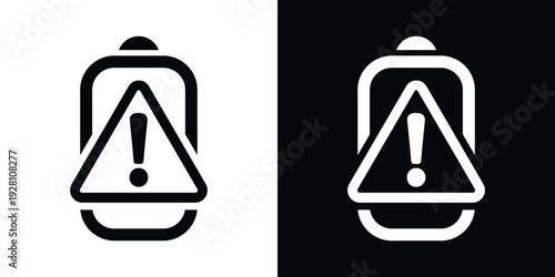 Battery icon with a warning triangle and exclamation mark. Vector illustration depicting battery error, low power alert, or technical malfunction in high contrast black and white.