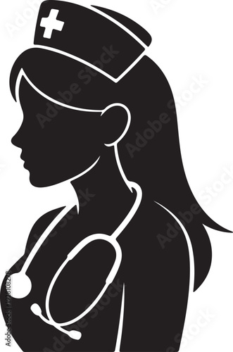 Female Nurse Holding Syringe Silhouette Vector,Medical Staff Female Figure Black Vector